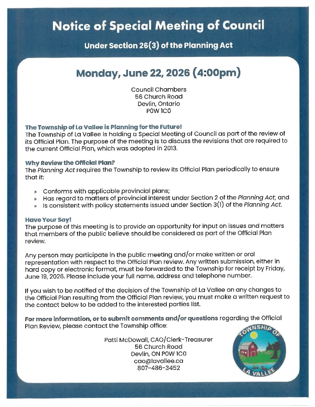Notice of Special Meeting of Council – Official Plan